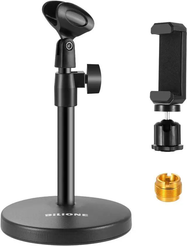 Main image of BILIONE 3 in 1 Multi Function Desktop Microphone Stand, Adjustable Table Mic Stand with Microphone Clip, Cell Phone Clip, 5/8" Male to 3/8" Female Metal Adapter