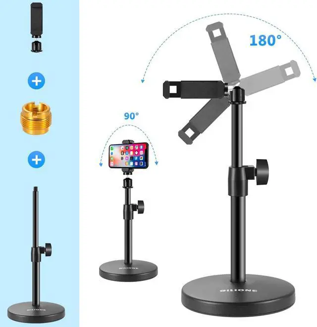 Alt view image 5 of 7 - BILIONE 3 in 1 Multi Function Desktop Microphone Stand, Adjustable Table Mic Stand with Microphone Clip, Cell Phone Clip, 5/8" Male to 3/8" Female Metal Adapter