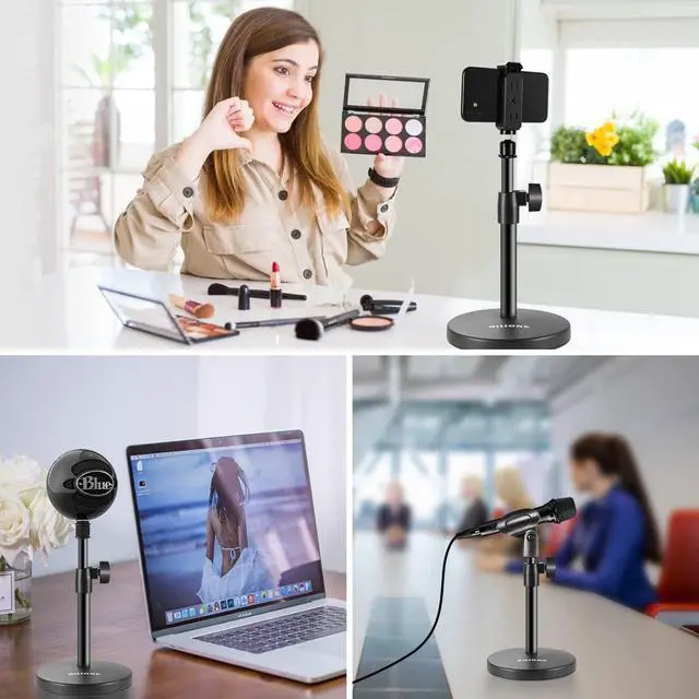 Alt view image 7 of 7 - BILIONE 3 in 1 Multi Function Desktop Microphone Stand, Adjustable Table Mic Stand with Microphone Clip, Cell Phone Clip, 5/8" Male to 3/8" Female Metal Adapter