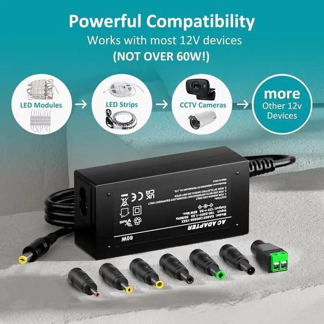 Alt view image 6 of 7 - 12V 5Amp Power Supply Adapter, AC 100-240V to DC 12Vdc 5A 3.5A 3A 2A 1A Replacement Power Cord Converter for LED Strip Light DVD Player CCTV Security Camera Sceptre Onn HP Dell AOC Monitor