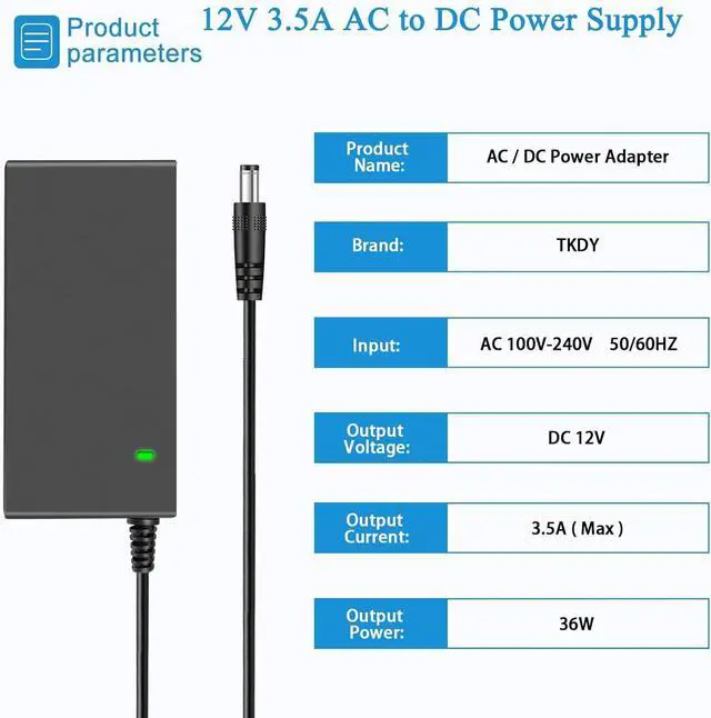 Alt view image 2 of 7 - TKDY 12V 3.5A DC Power Supply Input AC 100-240V Output 12 Volt 3.5A, Compatible with 12Vdc 3A 2.5A 2A 1.5A 1A Led Strip Light CCTV Camera LCD Monirot Power Adapter and More, with 5 Tips.
