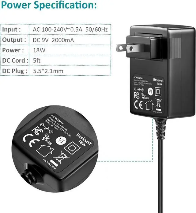 Alt view image 4 of 6 - Universal AC Adapter 9V 2A Power Supply Center Positive DC 9 Volt 1.8A 1.5A 1A 0.8A 0.5A 450mA Power Cord Charger for LED Strip Light CCTV Camera Router Modem Toys DVD Speaker