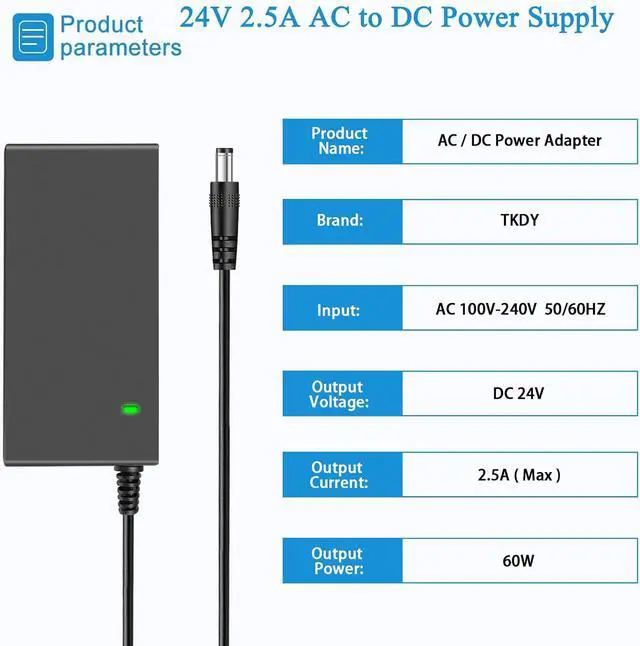 Alt view image 2 of 7 - TKDY 24V 2.5A Power Supply Cord AC 100-240V to Output 24Volt DC Power Adapter, Compatible with 24Vdc 2A 1.5A 0.1A-2.5A Led Strip Lights LCD Monirot etc, with 8 Tips.