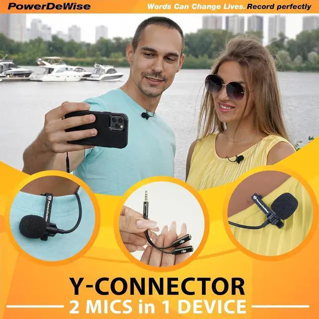 Alt view image 2 of 6 - PowerDeWise Professional Grade 2 Lavalier Clip-On Microphones Set for Dual Interview - Double Lav Lapel Microphone - Use for iPhone Phone Camera - Blogging Video Recording Noise Cancelling 3.5mm Mic