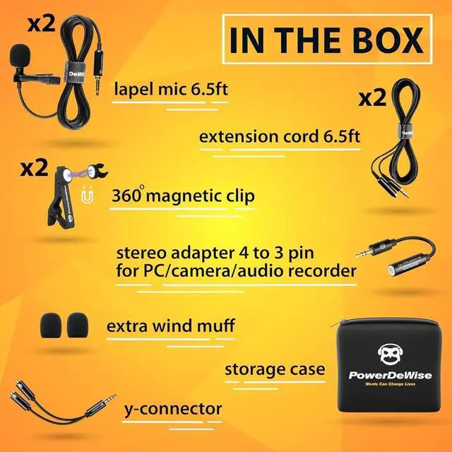 Alt view image 5 of 6 - PowerDeWise Professional Grade 2 Lavalier Clip-On Microphones Set for Dual Interview - Double Lav Lapel Microphone - Use for iPhone Phone Camera - Blogging Video Recording Noise Cancelling 3.5mm Mic