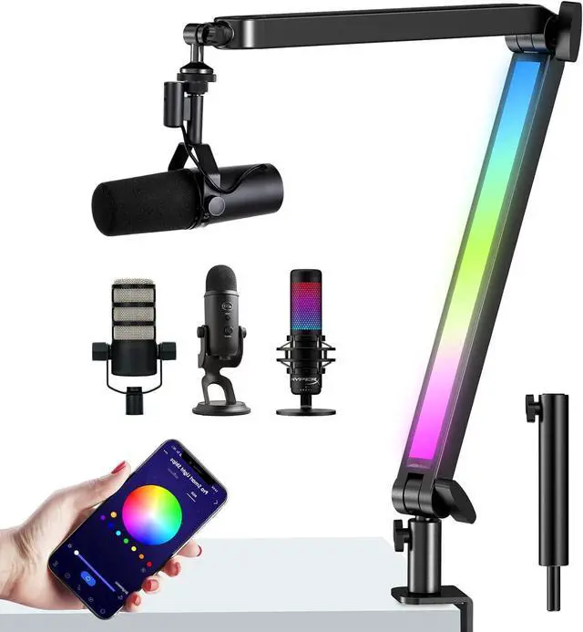 Main image of RGB Mic Boom Arm for Fifine, HyperX QuadCast 1/2 / QuadCast S/SoloCast, Shure SM7B / MV7, Blue Yeti, Rode, Shure, Razer, Gaming Mic and Most Microphones using 3/8" to 5/8" Adapter