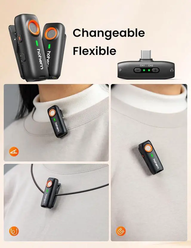 Alt view image 6 of 7 - MIC-01 Wireless Lavalier Microphone, Noise Cancellation,48kHz 328ft Range, 20 Hours Battery, Wireless Microphone for Android, PC, Camera, Video Recording (2TX + 1RX + Charging Case)