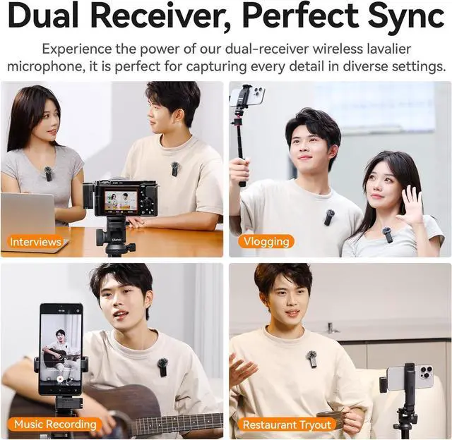 Alt view image 2 of 7 - ULANZI A100 Wireless Lavalier Microphone Lapel Mic for Camera and Phone w USB C/3.5mm/Plug, 32KHz 16Bit, Noise Cancellation, 13.5-Hour Battery, Clip on Microphone for Video Podcast Vlog YouTube