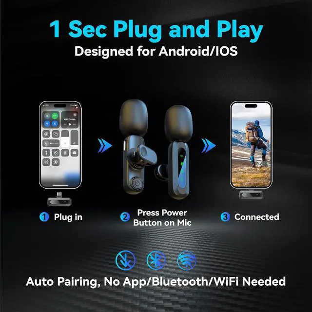 Alt view image 5 of 7 - XBT 2-Pack Wireless Lavalier Microphone for iPhone,iPad,Android - Clip-on Lapel Mic with Noise Reduction,Plug & Play Mini Microphone for Video Recording,Interview,Podcast,Vlog,TikTok,YouTube,Streaming
