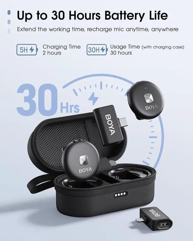 Alt view image 7 of 7 - BOYA Omic Wireless Microphone for iPhone/Android with MFi Certified Lightning/USB-C Plug, Noise Reduction, 164ft 30H Battery Life with Charging Case, iPhone Microphone for Video Recording-Black