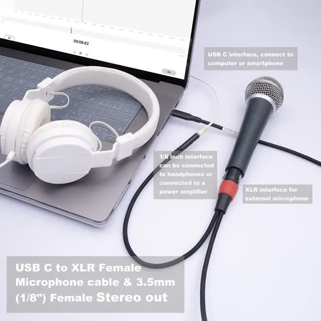 Alt view image 3 of 7 - 3.3FT USB C to XLR Female Mic Cable & 3.5mm (1/8") Female Stereo Out,XLR-to-USB C Digital Interface with Headphone Jack,for iPhone 15 Google Huawei Phone