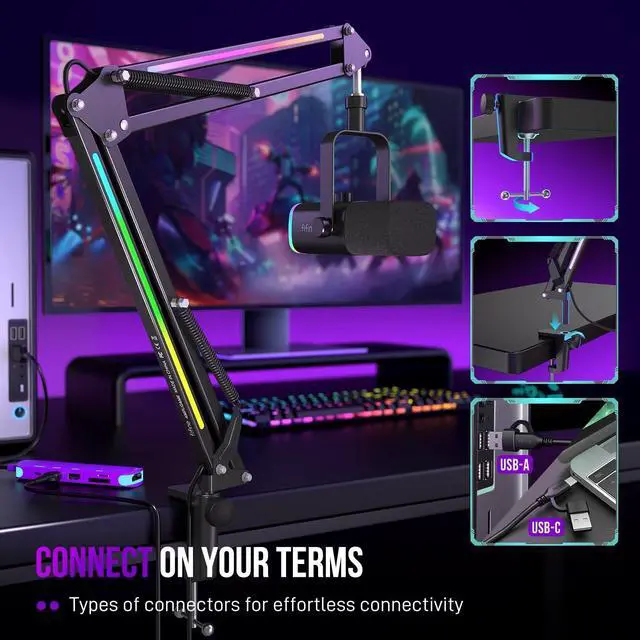 Alt view image 4 of 6 - FIFINE Microphone Boom Arm, Metal Mic Arm Stand with RGB Control, 3/8 to 5/8 Screw Adapter, Desk Mount Clamp, Suspension Scissor Microphone Stand for Gaming Streaming-AmpliGame BM38 Black