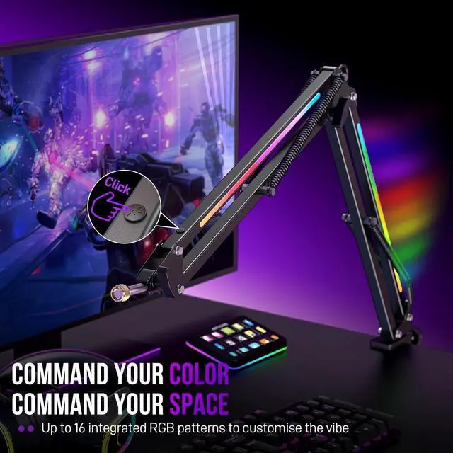 Alt view image 6 of 6 - FIFINE Microphone Boom Arm, Metal Mic Arm Stand with RGB Control, 3/8 to 5/8 Screw Adapter, Desk Mount Clamp, Suspension Scissor Microphone Stand for Gaming Streaming-AmpliGame BM38 Black
