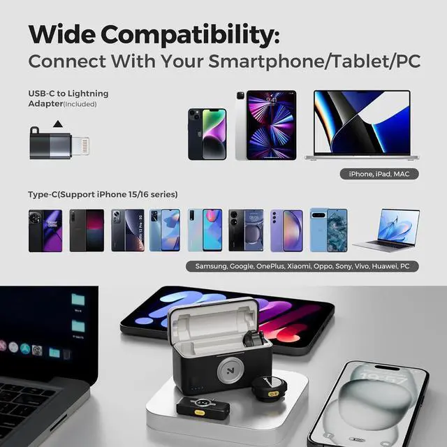 Alt view image 6 of 7 - Wireless Lavalier Microphone for iPhone/Android, Lapel Microphone Wireless with Lightning/USB-C Plug-Play, Noise Cancellation, 24H Battery for Livestream, Vlog, Interview, Podcast (AWM25T)