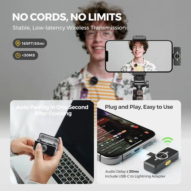 Alt view image 7 of 7 - Wireless Lavalier Microphone for iPhone/Android, Lapel Microphone Wireless with Lightning/USB-C Plug-Play, Noise Cancellation, 24H Battery for Livestream, Vlog, Interview, Podcast (AWM25T)