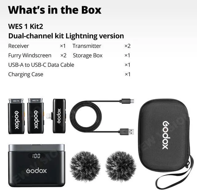 Alt view image 2 of 7 - GODOX WES1 KIT2 Wireless Lavalier Microphone for iPhone, MFi Certified, Plug and Play Noise Cancelling Lapel Mic with 656ft Transmission, Charging Case, Compatible with iPhone,ipad (WES1 KIT2)