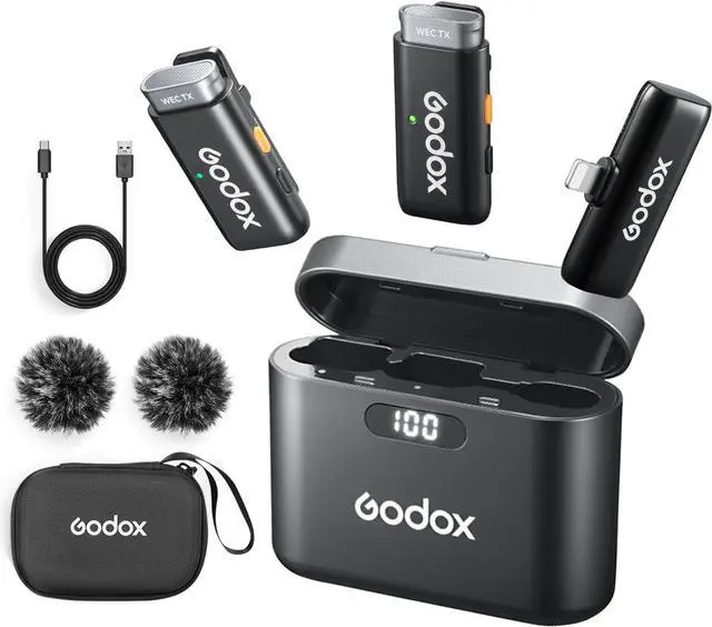 Main image of GODOX WES1 KIT2 Wireless Lavalier Microphone for iPhone, MFi Certified, Plug and Play Noise Cancelling Lapel Mic with 656ft Transmission, Charging Case, Compatible with iPhone,ipad (WES1 KIT2)
