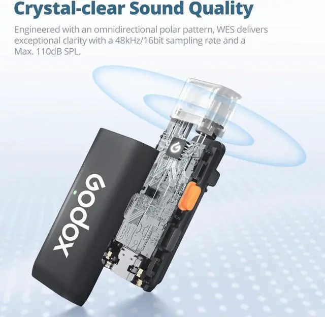 Alt view image 4 of 7 - GODOX WES1 KIT2 Wireless Lavalier Microphone for iPhone, MFi Certified, Plug and Play Noise Cancelling Lapel Mic with 656ft Transmission, Charging Case, Compatible with iPhone,ipad (WES1 KIT2)