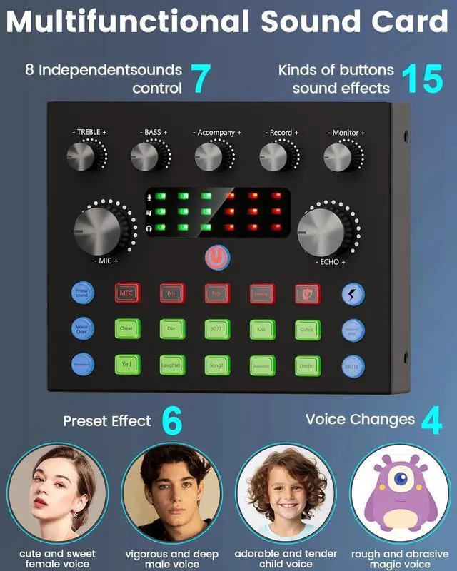 Alt view image 3 of 7 - Podcast Equipment Bundle, All-in-One Audio Interface with Studio Condenser Microphone Perfect for Podcasting, Recording, Singing, Streaming and Gaming, PC, Smartphone, YouTube, TikTok(V8S Pro)