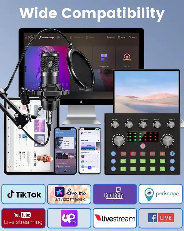 Alt view image 5 of 7 - Podcast Equipment Bundle, All-in-One Audio Interface with Studio Condenser Microphone Perfect for Podcasting, Recording, Singing, Streaming and Gaming, PC, Smartphone, YouTube, TikTok(V8S Pro)