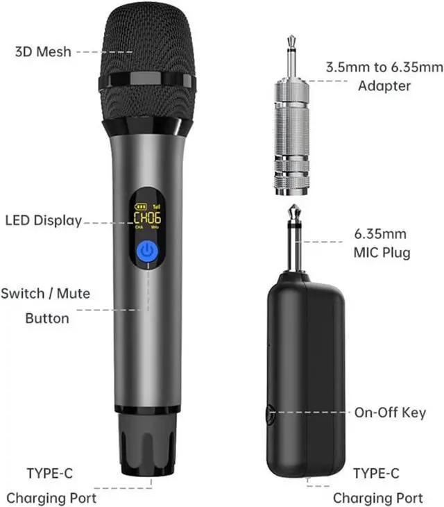 Alt view image 6 of 7 - All Metal Shell UHF Wireless Microphone Professional, Handheld Cordless Dynamic Mic System with Rechargeable Receiver, Karaoke Microphone for DJ, Singing, Wedding, Party, Speech, PA