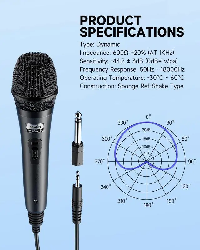 Alt view image 2 of 7 - Moukey Wired Handheld Vocal Microphone, Metal XLR Dynamic Cardioid Mic with 13 ft Cable, for Singing, Stage, Party, Compatible with Karaoke Machine/PA System/Amp/Mixer, Grey