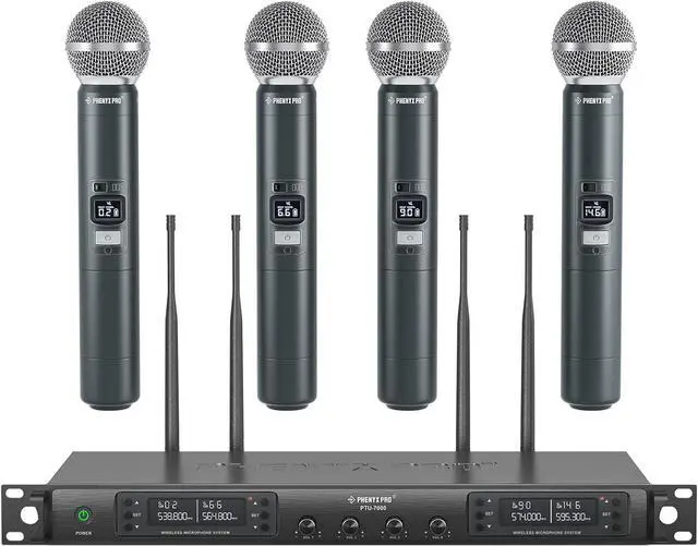 Main image of Phenyx Pro Wireless Microphone System, Quad Channel Wireless Mic, w/ 4x40 UHF Frequencies, Auto Scan, 328ft Long Range, 4 Handheld Dynamic Microphone for Singing, Church, Karaoke (PTU-7000-4H)