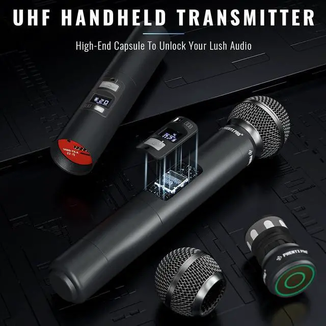 Alt view image 4 of 6 - Phenyx Pro Wireless Microphone System, Quad Channel Wireless Mic, w/ 4x40 UHF Frequencies, Auto Scan, 328ft Long Range, 4 Handheld Dynamic Microphone for Singing, Church, Karaoke (PTU-7000-4H)