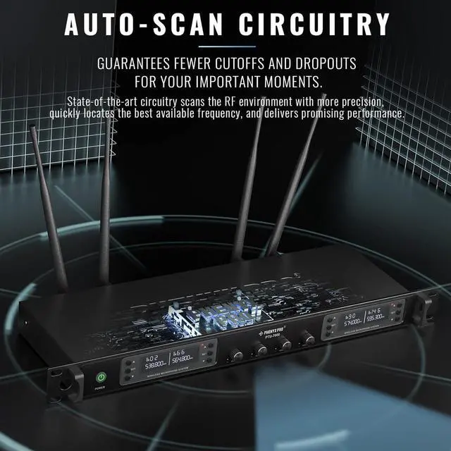 Alt view image 5 of 6 - Phenyx Pro Wireless Microphone System, Quad Channel Wireless Mic, w/ 4x40 UHF Frequencies, Auto Scan, 328ft Long Range, 4 Handheld Dynamic Microphone for Singing, Church, Karaoke (PTU-7000-4H)