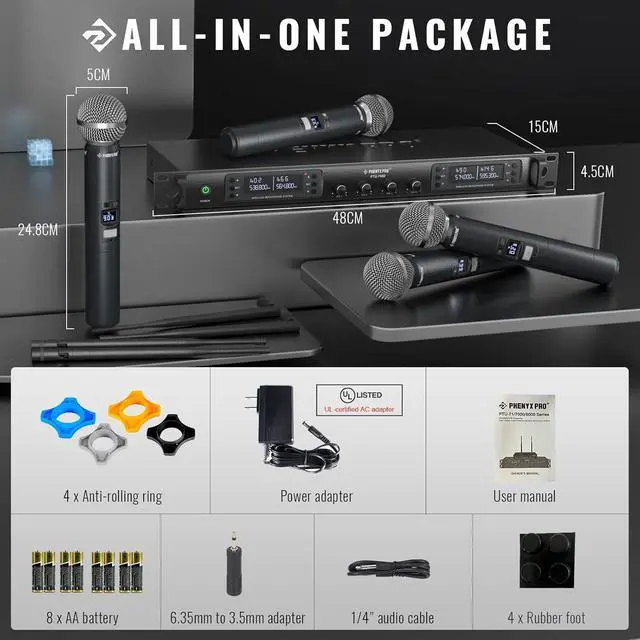 Alt view image 6 of 6 - Phenyx Pro Wireless Microphone System, Quad Channel Wireless Mic, w/ 4x40 UHF Frequencies, Auto Scan, 328ft Long Range, 4 Handheld Dynamic Microphone for Singing, Church, Karaoke (PTU-7000-4H)