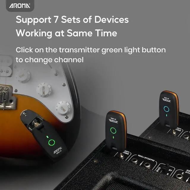 Alt view image 5 of 7 - AROMA Wireless Guitar Transmitter Receiver with 7 Channels Rechargeable Audio Wireless Guitar System for Guitar Bass Electric Instruments