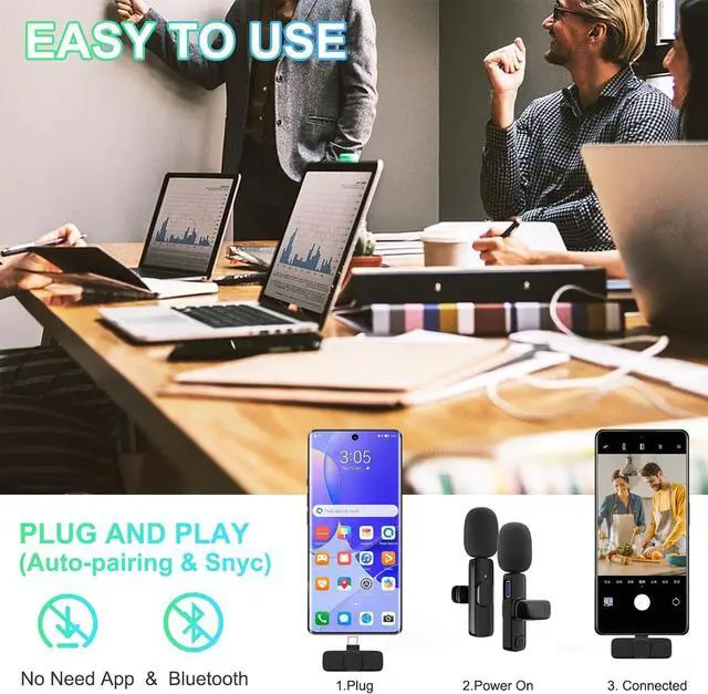 Alt view image 2 of 6 - 2 Pack Wireless Lavalier Microphone for iPhone, Professional Lapel Mics, Wireless Mic Plug-Play, Lapel Microphone for Video Recording Interview TikTok (USB C for Android iphone15/16)