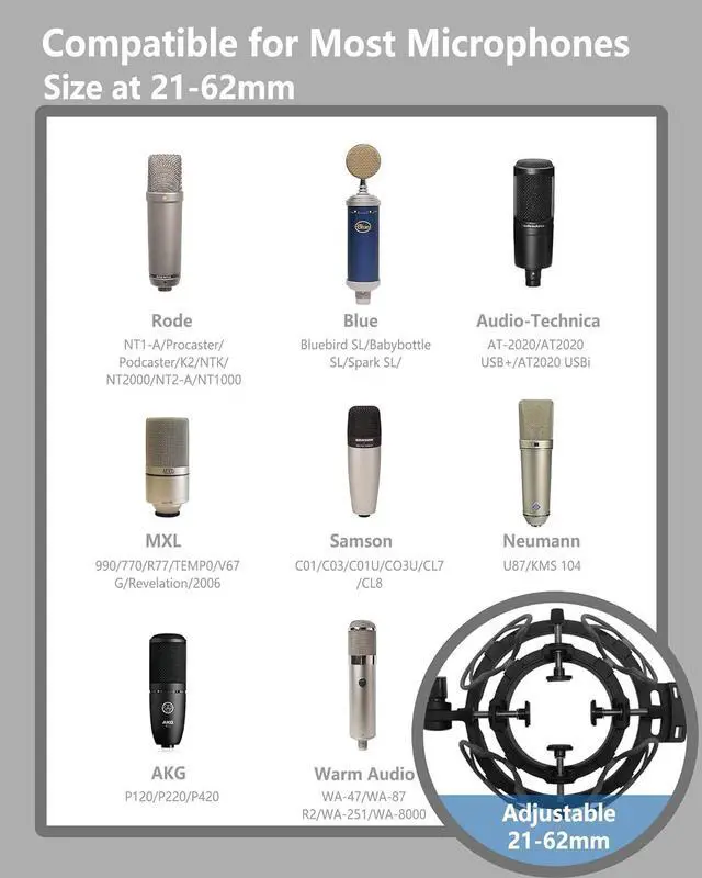 Alt view image 2 of 6 - Microphone Shock Mount with Pop Filter Universal Shock Stand for Microphones Size at 21-62mm Anti-Vibration Mic Holder Clip Compatible with AT2020 MXL 990 770 Rode NT1-A Neumann 103(Black)