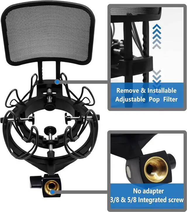 Alt view image 3 of 6 - Microphone Shock Mount with Pop Filter Universal Shock Stand for Microphones Size at 21-62mm Anti-Vibration Mic Holder Clip Compatible with AT2020 MXL 990 770 Rode NT1-A Neumann 103(Black)