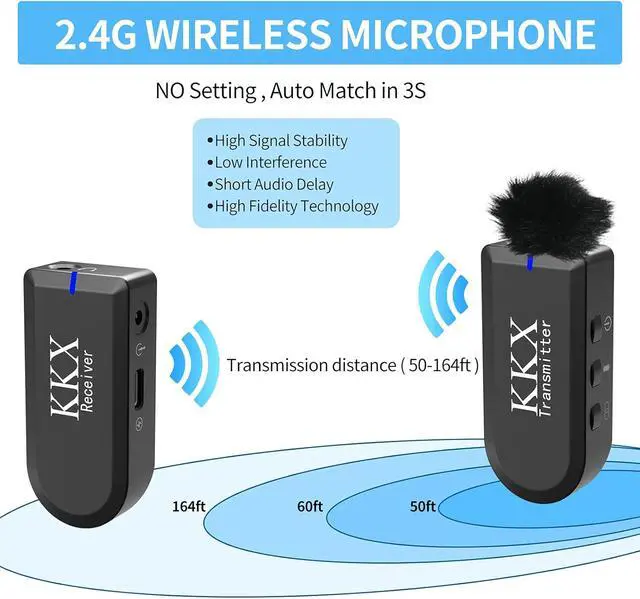 Alt view image 4 of 7 - KKX 2.4G Smartphone Wireless Lavalier Microphone, Wireless Lapel Mic Omnidirectional Recording Microphone System with Real-Time Monitoring for Smartphone, DSLR Camera, Interview, Vlogging & YouTube