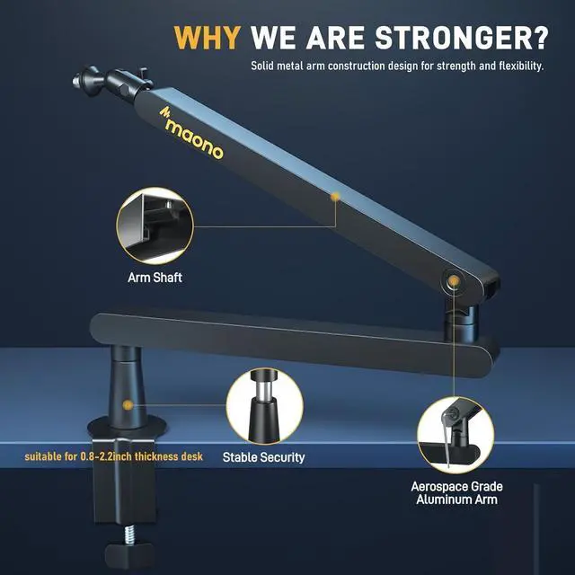 Alt view image 2 of 7 - MAONO Microphone Boom Arm, Low Profile Mic Arm with Cable Management Channels, Desk Mount Clamp, Fully Adjustable, Heavy Duty Mic Stand for Podcast Studio Streaming (BA92 Black)