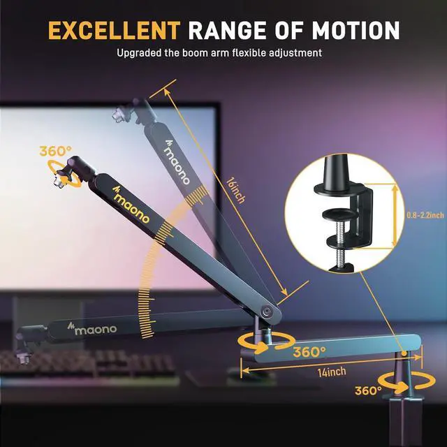 Alt view image 4 of 7 - MAONO Microphone Boom Arm, Low Profile Mic Arm with Cable Management Channels, Desk Mount Clamp, Fully Adjustable, Heavy Duty Mic Stand for Podcast Studio Streaming (BA92 Black)