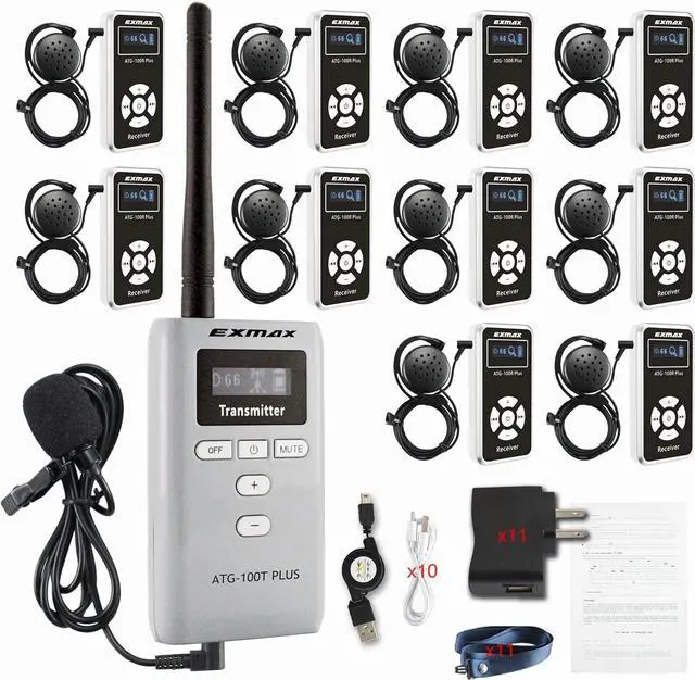 Main image of EXMAX® ATG-100T 195MHz Wireless Tour Guide System Microphone for Language Interpretation Church Class Traning Translation Conference Interpretation Travel Trip (1 Transmitter 10 Receivers)