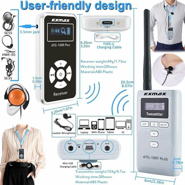 Alt view image 4 of 7 - EXMAX® ATG-100T 195MHz Wireless Tour Guide System Microphone for Language Interpretation Church Class Traning Translation Conference Interpretation Travel Trip (1 Transmitter 10 Receivers)