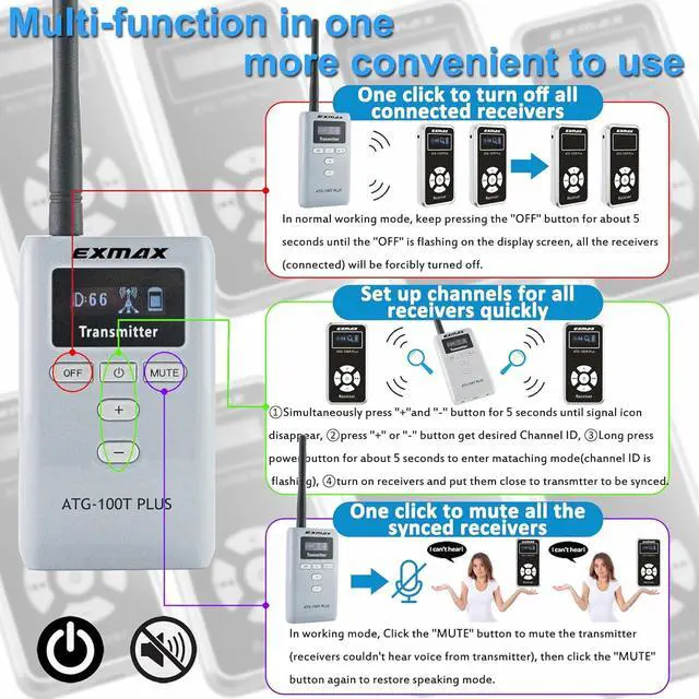 Alt view image 6 of 7 - EXMAX® ATG-100T 195MHz Wireless Tour Guide System Microphone for Language Interpretation Church Class Traning Translation Conference Interpretation Travel Trip (1 Transmitter 10 Receivers)