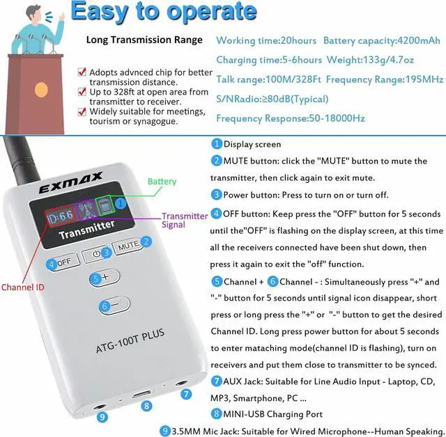 Alt view image 7 of 7 - EXMAX® ATG-100T 195MHz Wireless Tour Guide System Microphone for Language Interpretation Church Class Traning Translation Conference Interpretation Travel Trip (1 Transmitter 10 Receivers)