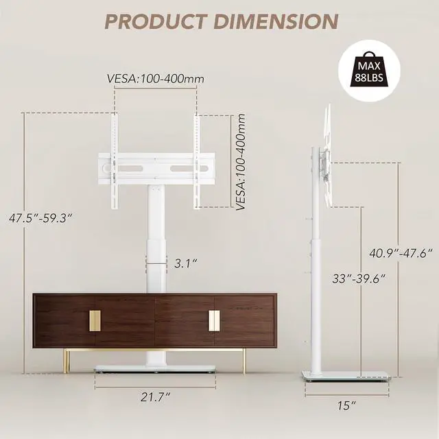 Alt view image 5 of 7 - AX WABER Universal Floor TV Stand with Mount 70 Degree Swivel 9 Level Height Adjustable and Space Saving Design for Most 27 to 65 inch LCD, LED OLED TVs, Perfect for Corner & Bedroom White AX1006TW