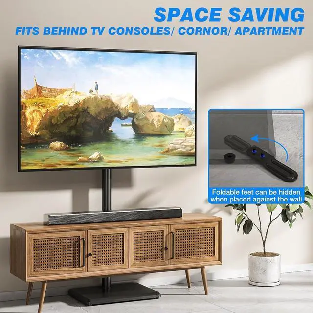Alt view image 4 of 7 - Rfiver Swivel Floor TV Stand with Power Outlet for 32-60 inch TVs, Height Adjustable Tall TV Stand with Wood Base, Hold Up to 88lbs, Saving Space Design for Bedroom, Living Room and Corner