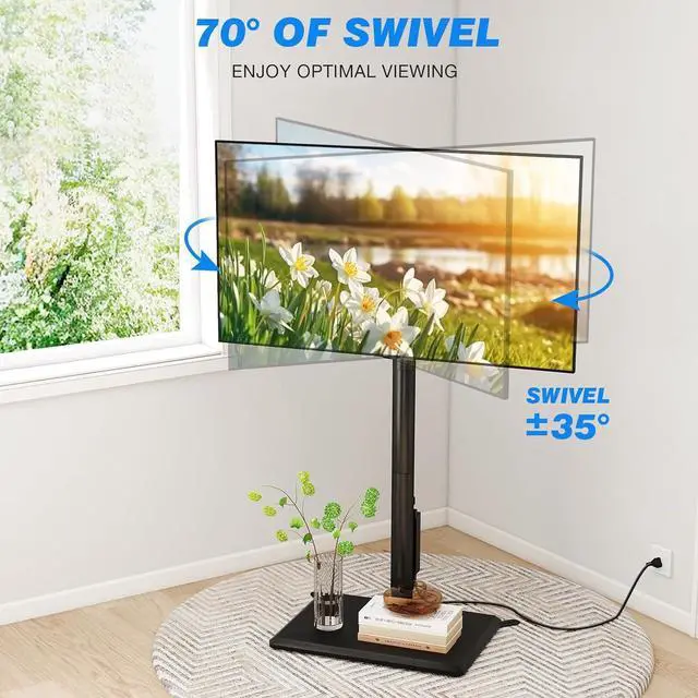 Alt view image 5 of 7 - Rfiver Swivel Floor TV Stand with Power Outlet for 32-60 inch TVs, Height Adjustable Tall TV Stand with Wood Base, Hold Up to 88lbs, Saving Space Design for Bedroom, Living Room and Corner