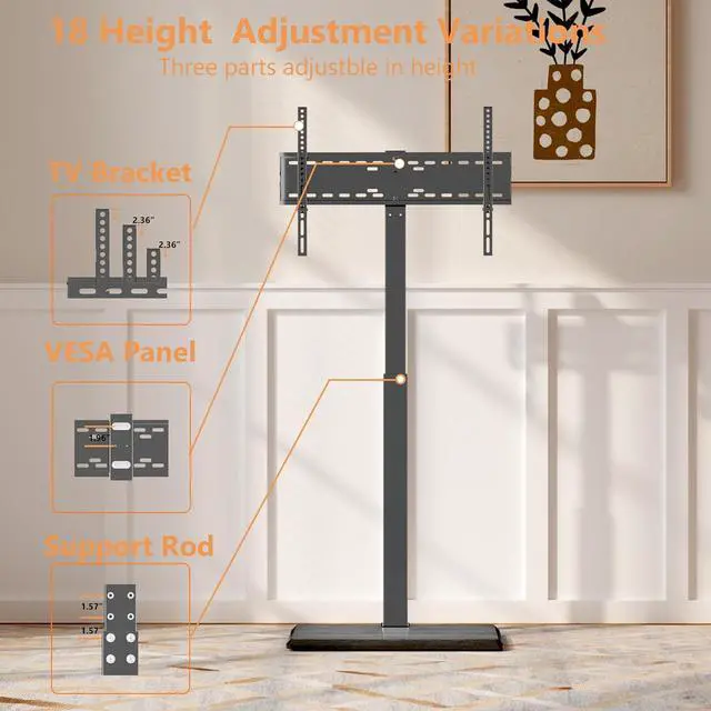 Alt view image 4 of 7 - Universal Floor TV Stand,TV Floor Mount Stand for 32-75 inch TV up to 110 lbs, Swivel and Height Adjustable Tall TV Stand for Bedroom,Office(TCP01-M-A02)