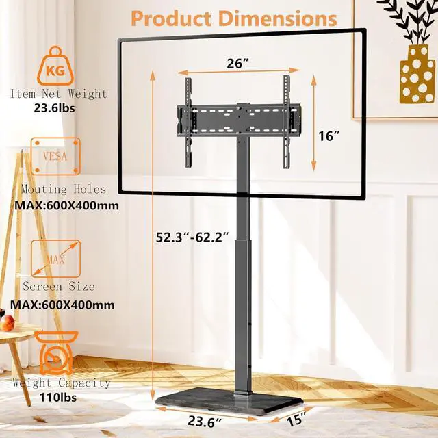 Alt view image 5 of 7 - Universal Floor TV Stand,TV Floor Mount Stand for 32-75 inch TV up to 110 lbs, Swivel and Height Adjustable Tall TV Stand for Bedroom,Office(TCP01-M-A02)