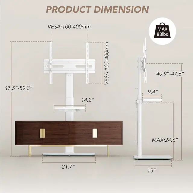 Alt view image 5 of 7 - AX WABER Universal Floor TV Stand with Mount 70 Degree Swivel 9 Level Height Adjustable and Space Saving Design for Most 27 to 65 inch LCD, LED OLED TVs White