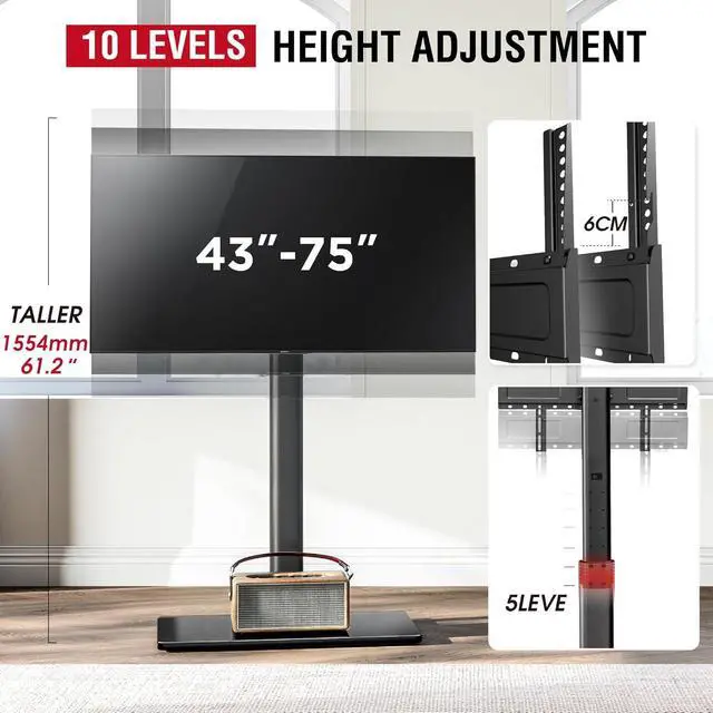 Alt view image 6 of 7 - Swivel TV Floor Stand for 43-75 Inches TVs, 10 Level Height Adjustable Corner Extra Tall TV Stand Mount for Living Room/Bedroom, Holds up to 110 lbs,MAX VESA 600x400mm,Black