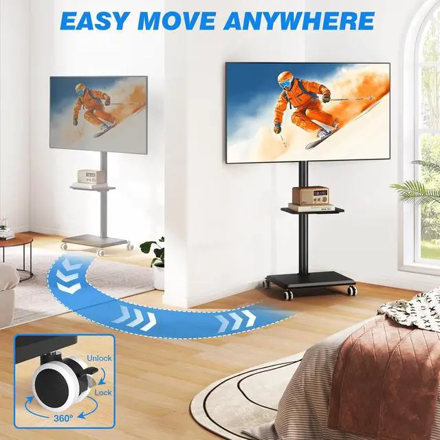 Alt view image 3 of 7 - Rfiver Rolling TV Stand for 32-60 Inch TVs, 70° Swivel & Height Adjustable Mobile TV Cart for Optimal Viewing, Space Saving Floor TV Stand with Wheels Up to 88 lbs for Corner, Bedroom, Living Room