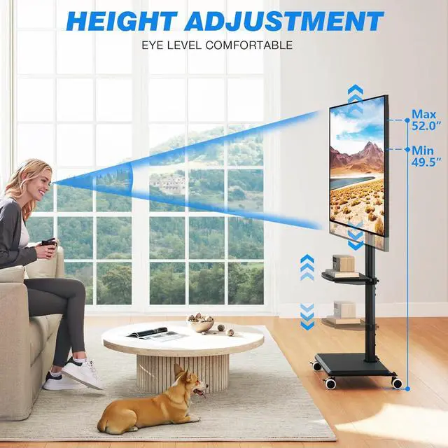 Alt view image 4 of 7 - Rfiver Rolling TV Stand for 32-60 Inch TVs, 70° Swivel & Height Adjustable Mobile TV Cart for Optimal Viewing, Space Saving Floor TV Stand with Wheels Up to 88 lbs for Corner, Bedroom, Living Room
